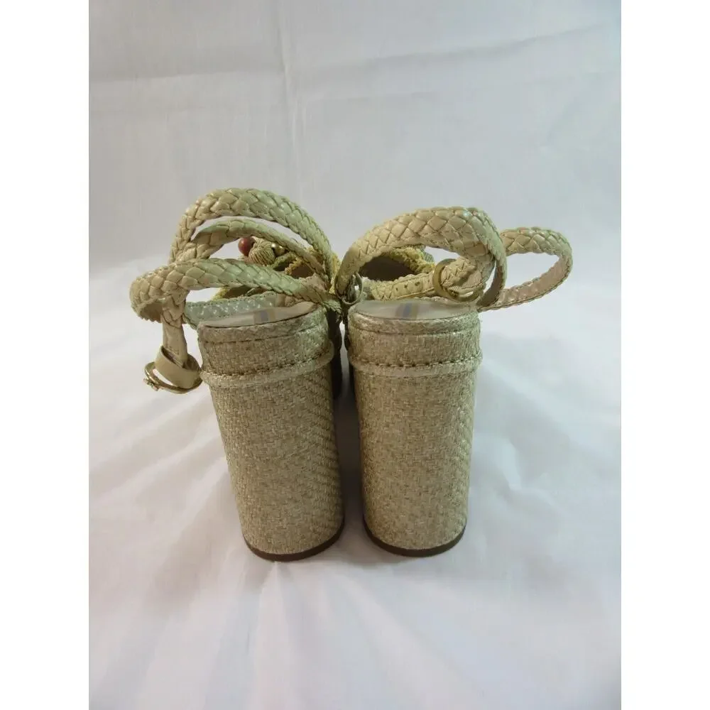 SAM EDELMAN Tan Size 10 Raffia Tropical Beaded Platform Wedge Ankle Strap Sandal - Picture 8 of 8